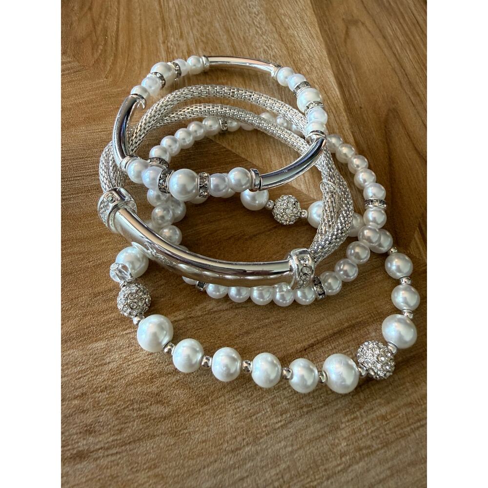 “You're Invited…” Silver Tone 4-Piece Crystal & Simulated Pearl Bracelet Set